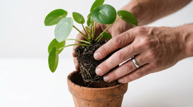 Man hands repotting a Chinese money plant pilea peperomioides into a terracotta pot