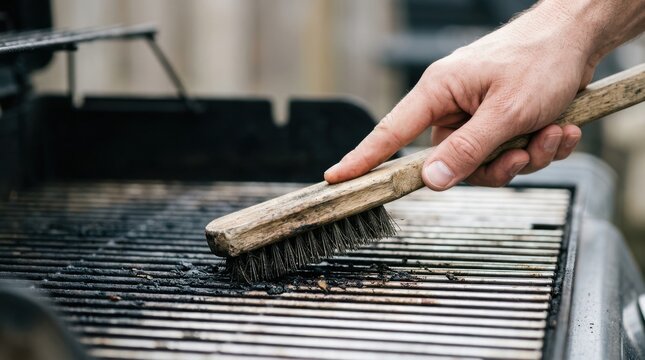 Man cleaning dirty barbecue grill grates with wire brush outdoors preparing for summer barbecue party