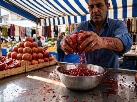 Pomegranate Prep at a Busy Fruit Market for commercial design and digital marketing content