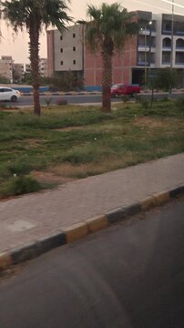 Urban street with bus and cars passing by green park area