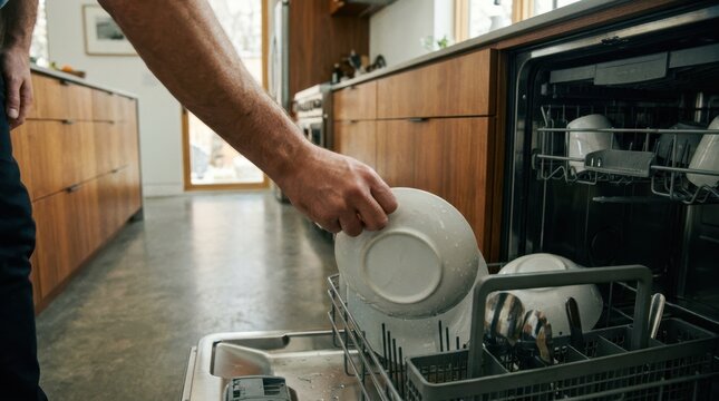 Man loading a white ceramic plate into the dishwasher in a modern kitchen