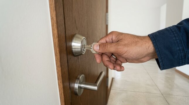 Unlocking a wooden door with a key by an adult male hand, home security and locksmith concept