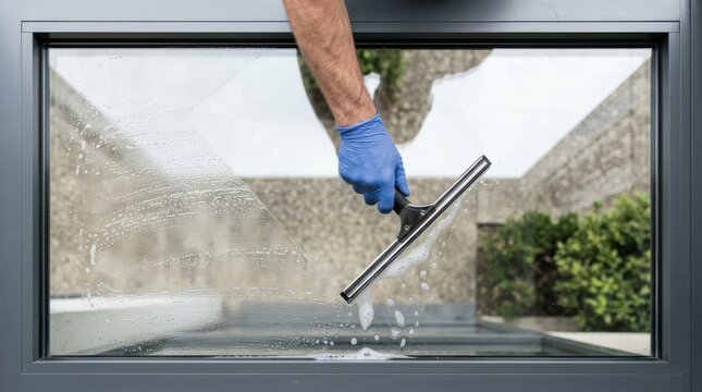 Professional male window cleaner using a squeegee to wash glass pane with soapy water in a modern building