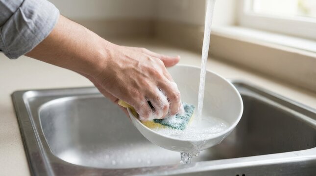 Young adult woman washing dishes in a kitchen sink with a sponge and running water for domestic chores