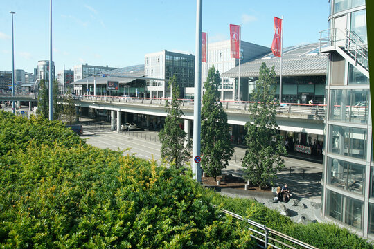 Hamburh  GRE August 21, 2023: Gardening at Airport of Hamburg  and Radisson ay background