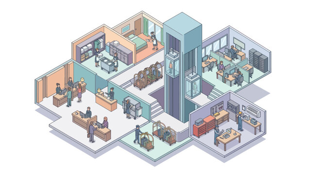 Isometric office building floor plan with multiple rooms and people.