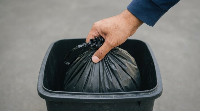 Man throwing a black garbage bag into a plastic bin for waste disposal and sanitation concept