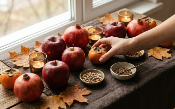 Autumn equinox altar arrangement with apples, pomegranates, persimmons, candles, and dry leaves