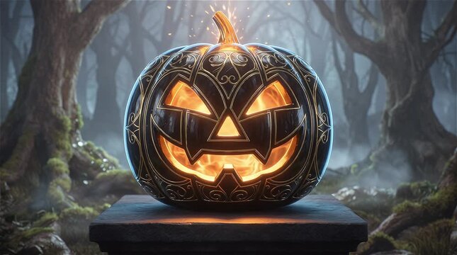 Ornate black Halloween jack-o'-lantern with golden filigree and glowing fire set on a stone pedestal in a spooky misty forest at night