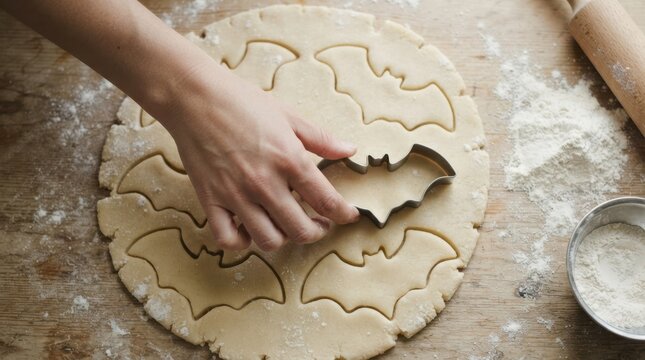 Person cutting bat shaped cookies out of dough on wooden table for Halloween baking