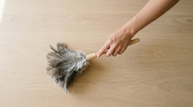 Person holding a feather duster on a wooden surface representing cleaning and housekeeping concepts