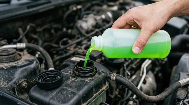 Person pouring green coolant into a car engine radiator reservoir, car maintenance and fluid check concept