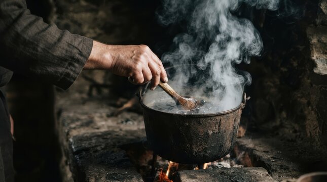 Historical woman cooking soup in a rustic iron cauldron over an open fire with billowing steam