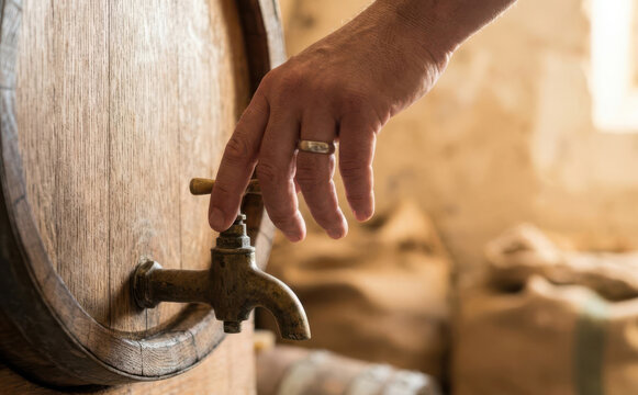 Close up of a wooden wine barrel tap being turned by hand in a rustic cellar