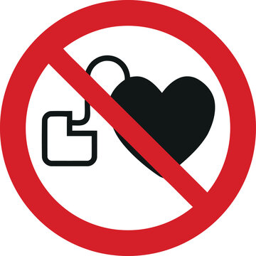 No Pacemakers Warning Sign with Heart and Device Silhouette in Red Prohibition Circle