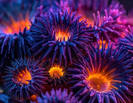 A detailed macro shot of glowing neon coral polyps blooming in a dark ocean reef. Evokes a futuristic, alien wonder ideal for marine biology and nature concepts. No people.