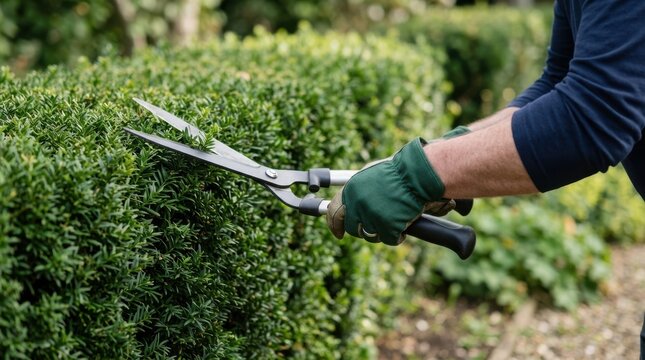 A male gardener trimming hedges with manual shears in a garden, representing landscaping, yard maintenance, and outdoor work.
