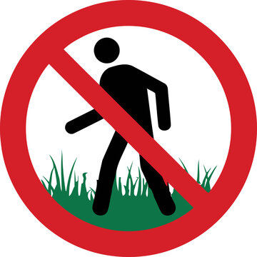 No Walking on Grass Prohibition Sign Icon with Silhouette Figure and Green Lawn