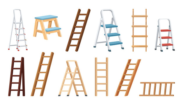 Construction and household ladders vector set with wooden step stools aluminum stepladders extension stairs and home renovation repair tools