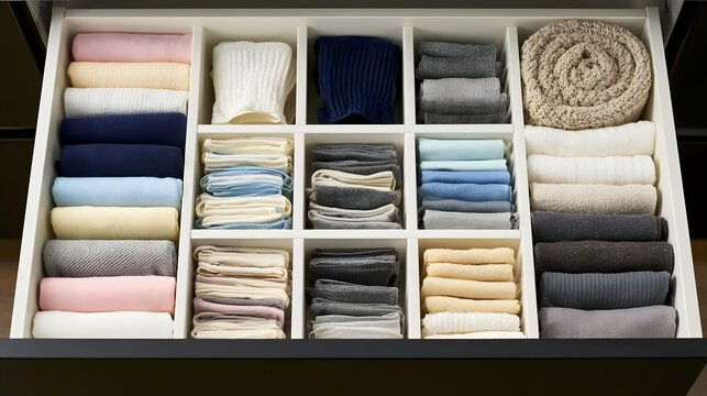 A neatly organized drawer filled with folded socks and other textiles in a variety of colors and textures