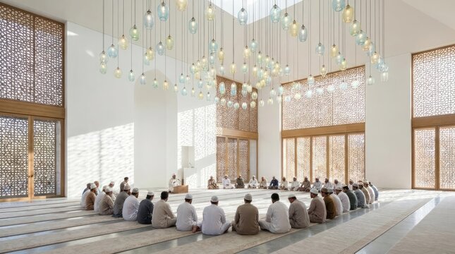 Muslim men praying in a bright modern mosque.