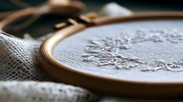 Close up of a wooden embroidery hoop with white fabric and partially stitched floral pattern  resting on textured cloth