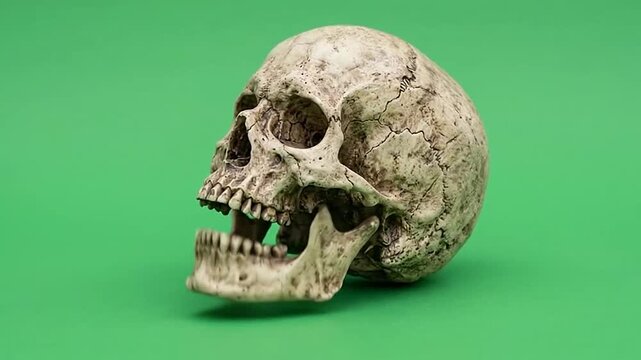 Human skull talking with opening jaw on green background