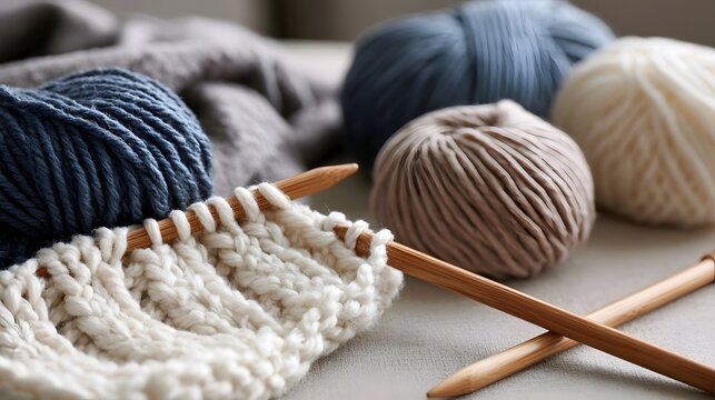 Close up of knitting needles with cream yarn and assorted colored skeins on a neutral surface