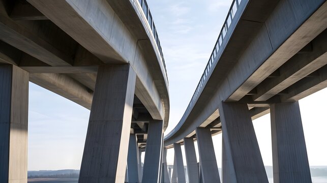 Two curved concrete bridges rise above a calm landscape under a bright sky  supported by massive pillars