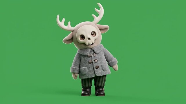 Animated deer character with skull mask waving on green background