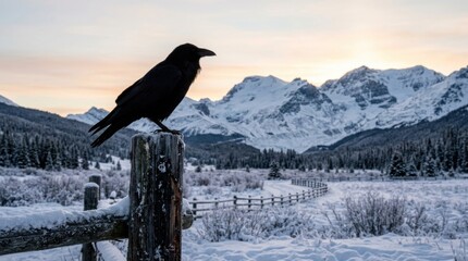 Obraz premium Raven perched on wooden post in snowy mountain landscape at sunrise.