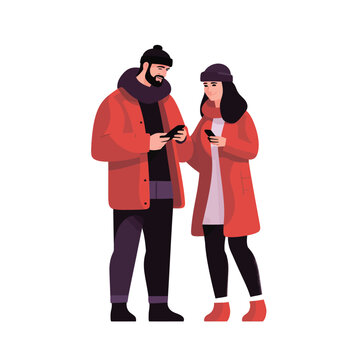 Couple looking at smartphone isolated