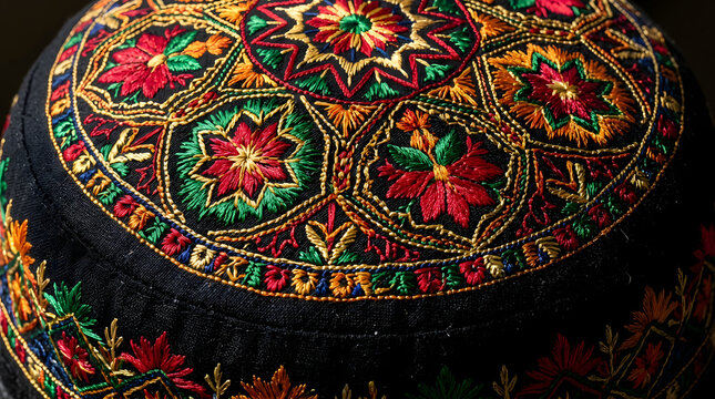Traditional Tajik skull cap with intricate floral embroidery on black fabric