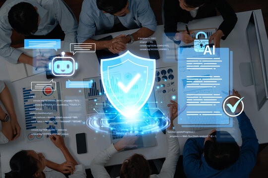 A diverse team engages in a business meeting focused on artificial intelligence, security, and data analytics, showcasing collaboration in a modern office environment. Nascent