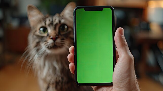 Smartphone with green screen, cat in focus