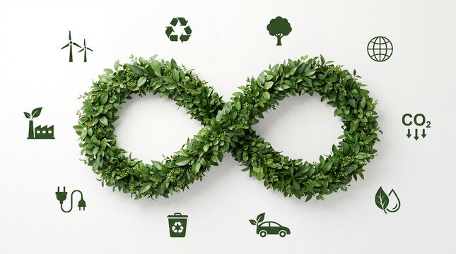 Circular economy infinity symbol made of green leaves surrounded by environmental sustainability and renewable energy icons