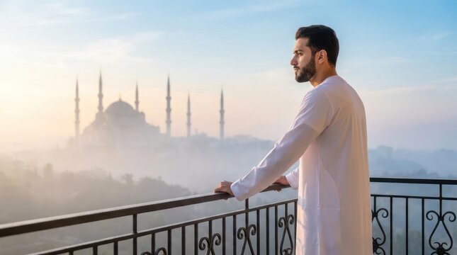 Man in thobe overlooking mosque in morning mist.