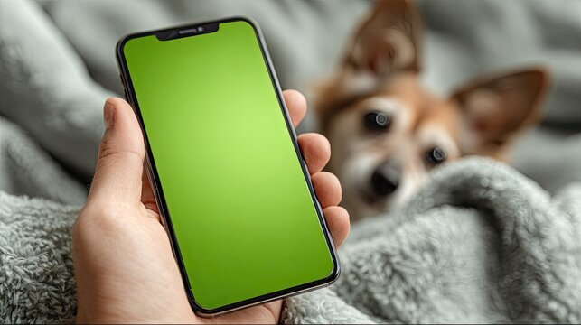 Smartphone held, dog in fuzzy blanket