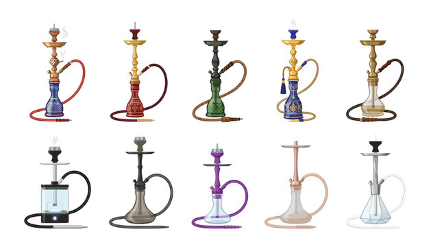 Hookah shisha vector set featuring traditional oriental and modern glass water pipes icons collection isolated on white background