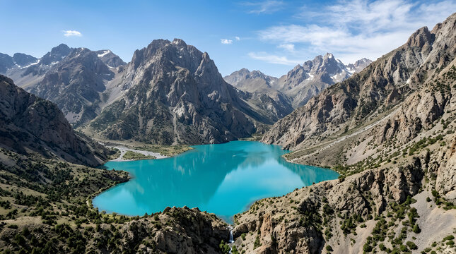 Aerial view of turquoise Iskanderkul Lake surrounded by high rocky mountain peaks