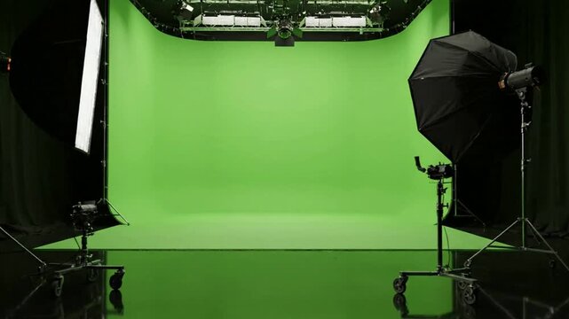 Green screen studio setup with lighting equipment for and tv production chroma key