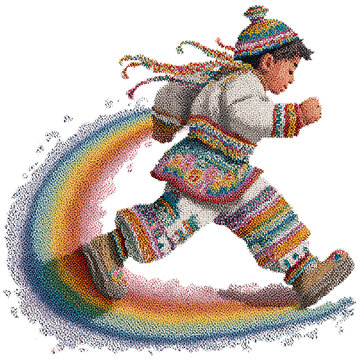 Cute Andean boy in traditional costume running with colorful rainbow trail, Peruvian ethnic culture illustration transparent background