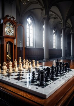 Polished chess pieces stand on a marble board inside a vast hall with high ceilings, featuring a tall antique wooden grandfather clock, pieces, atmospheric, vintage