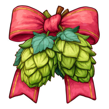 Green hop cones tied with a festive red ribbon bow, Oktoberfest and craft beer celebration vector illustration transparent background