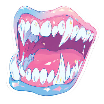 Sparkling pastel open mouth with sharp vampire fangs and glossy lips, fantasy monster teeth vector illustration transparent background