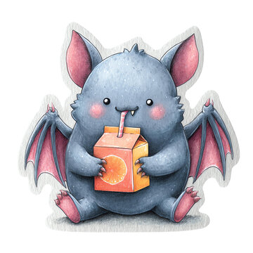 Cute little bat drinking juice from a carton with a straw, funny Halloween vampire animal sticker vector illustration transparent background