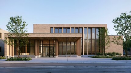 Obraz premium Modern brick building with large glass and covered entrance under clear sky surrounded by trees and paved walkway