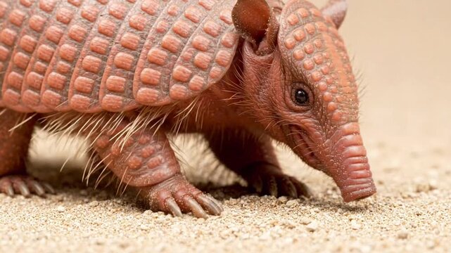 Rare Pink Fairy Armadillo Foraging on Sandy Ground
