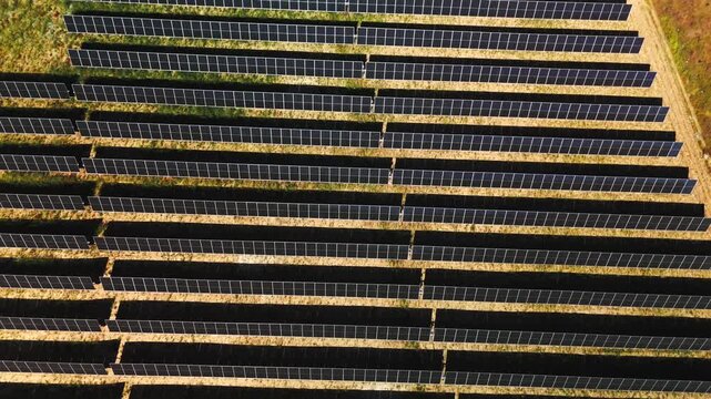Top-down view of aligned photovoltaic panel rows in Avila Spain