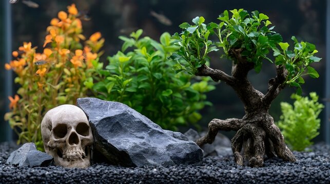 A serene aquarium scene featuring a bonsai tree  skull deco n  rocks  and vibrant aquatic plants with fish swimming in the background
